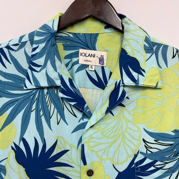 Iolani Mens Button Front Hawaiian Shirt Rayon Blue/Green Palm Trees Leaves Sz XL - Picture 2 of 5